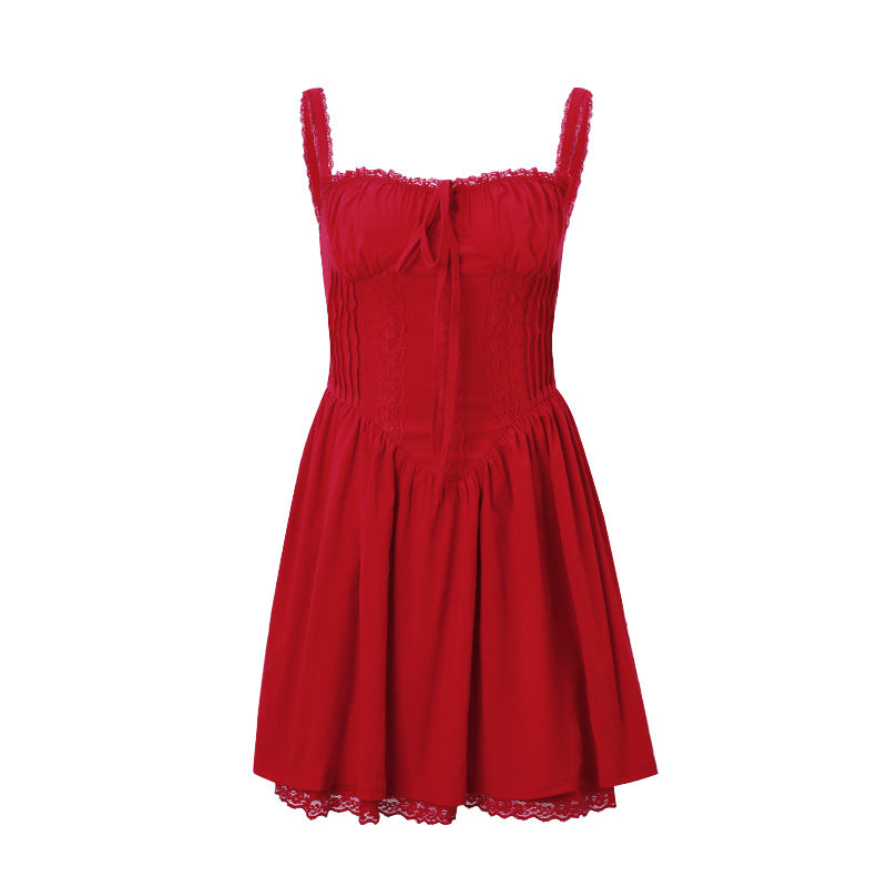 Women Clothing Autumn French Court Ballet Sexy Waist Girdling Band Strap Dress Burgatti