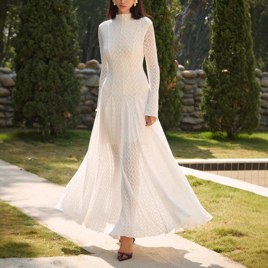 Autumn Winter Niche Design Beautiful Lace Slim Fit Slimming Wide Hem Maxi Dress Women Sailfish
