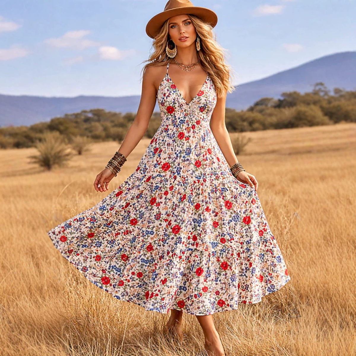 Women Clothing Summer Small Floral Print V neck Sexy Cami Dress NEWMELANCE
