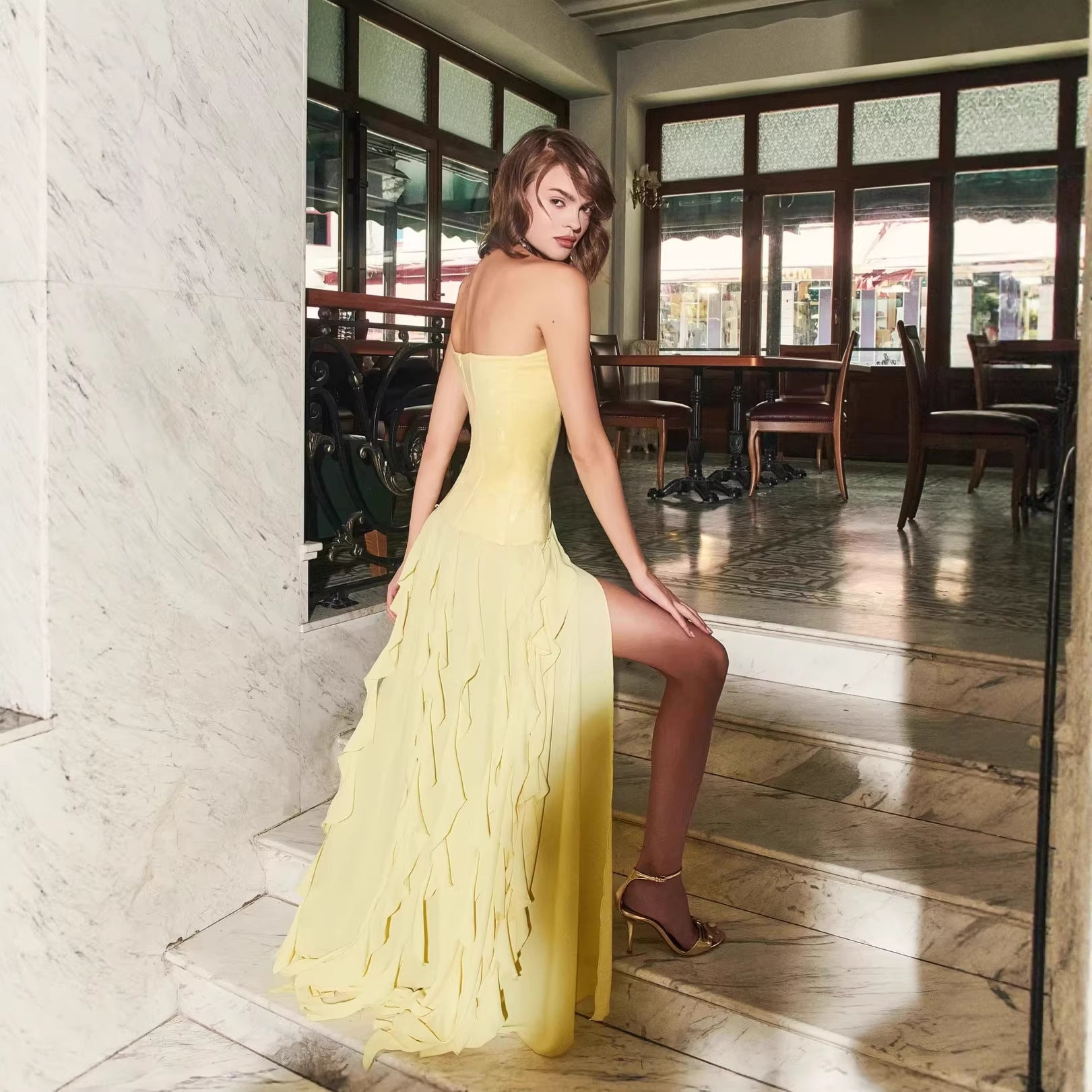 French Tight Waist Yellow Tube Top Dress Holiday Backless Summer Ruffles Women Clothing Tight Waist Sight
