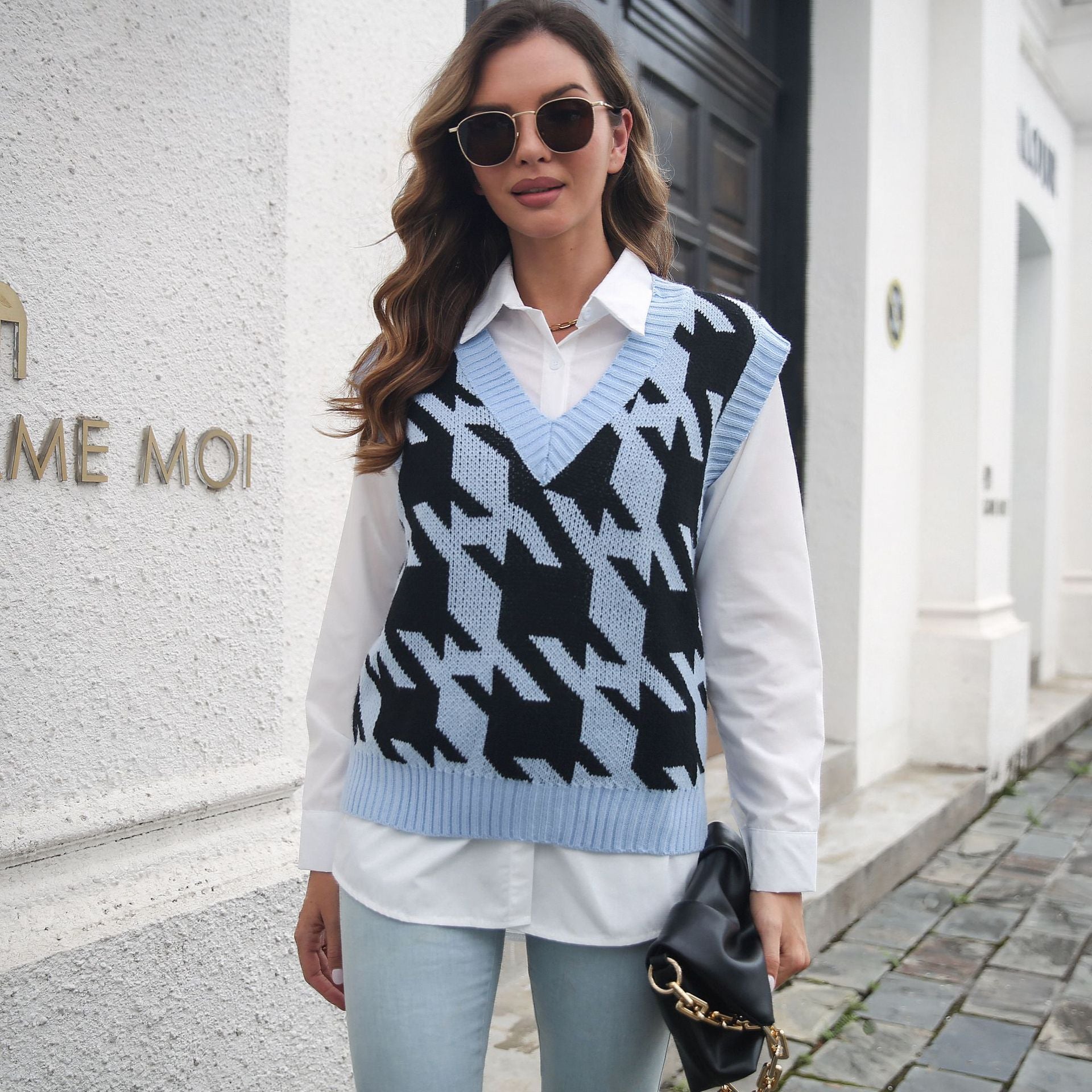 Gilet sans manches à col V pied-de-poule pour femme, vêtement d'extérieur, sous-vêtement, automne-hiver, maille bouclée