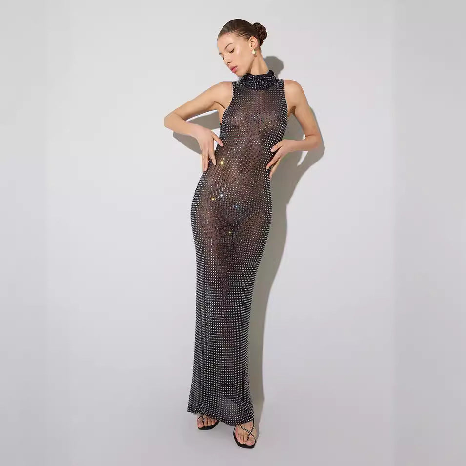 Summer Sexy Sheer Cutout Maxi Dress Mesh Rhinestone Sleeveless Maxi Dress Women KLEEZY