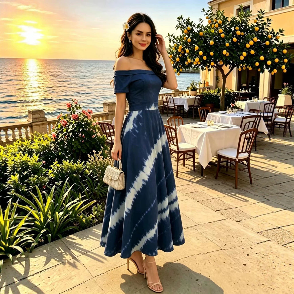 Printed Spring Summer off Shoulder Elegant Short Sleeve Slim Women Dress Inly