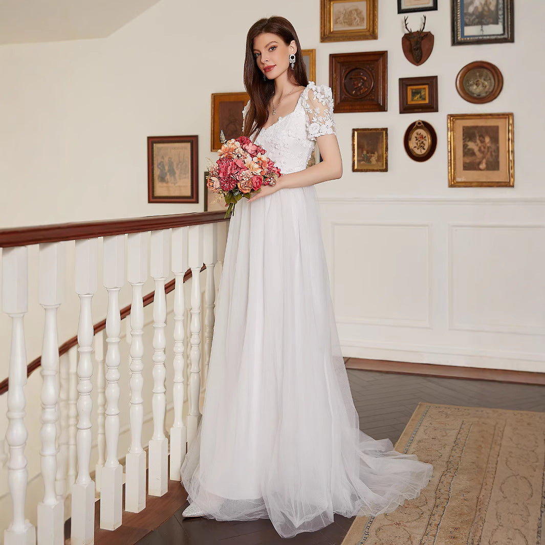 French Pastoral White Large Swing V neck Short Sleeve Elegant Backless Cocktail Wedding Dress