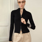 Manteau d'automne-hiver à col montant, coupe ajustée, manches longues, cardigan à double fermeture éclair, manteau en maille thermique pour femme