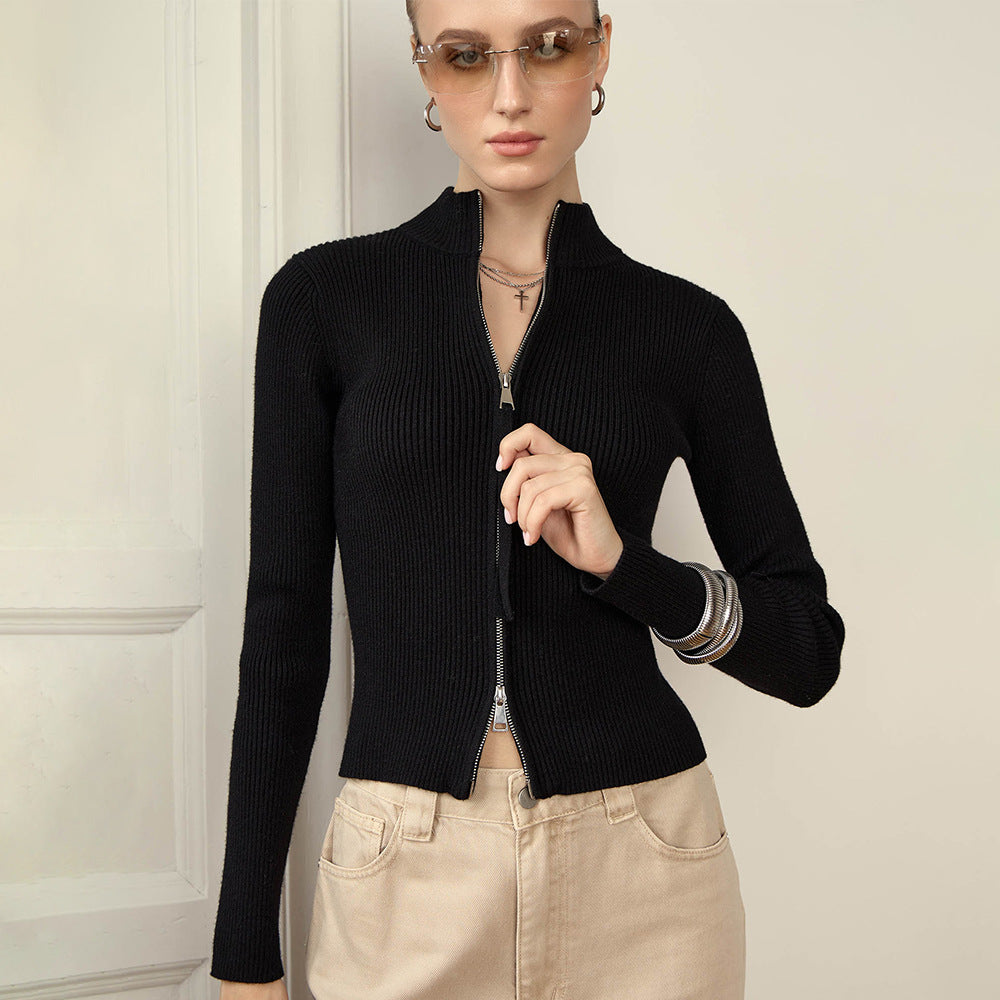 Manteau d'automne-hiver à col montant, coupe ajustée, manches longues, cardigan à double fermeture éclair, manteau en maille thermique pour femme