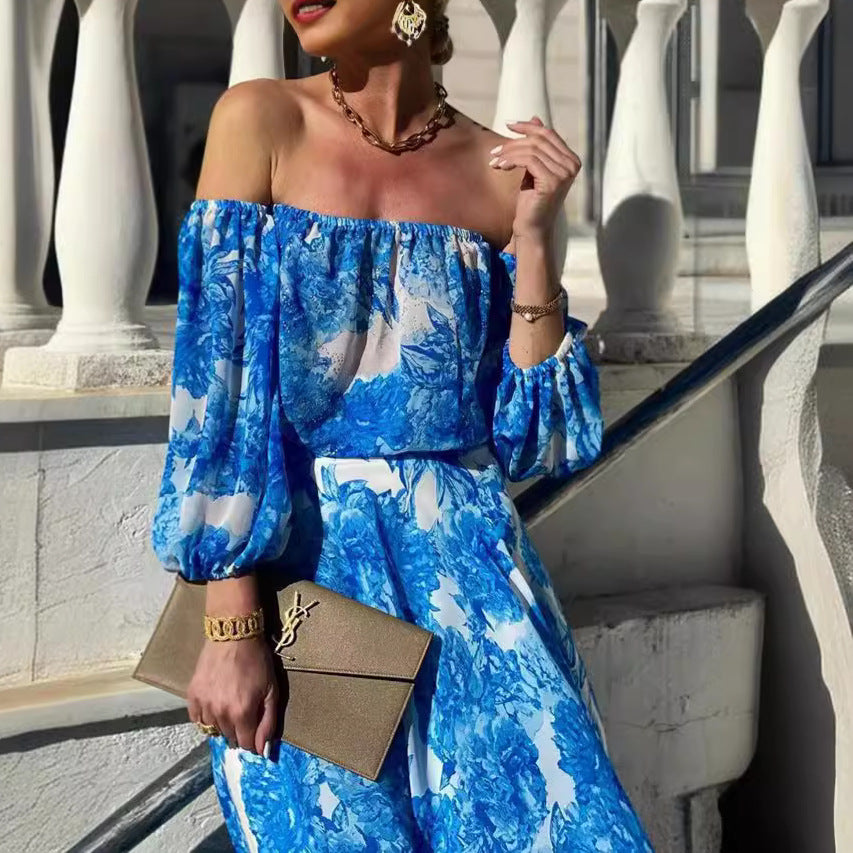 Spring Summer off Shoulder Printing High Waist Elegant Dress Women Havill