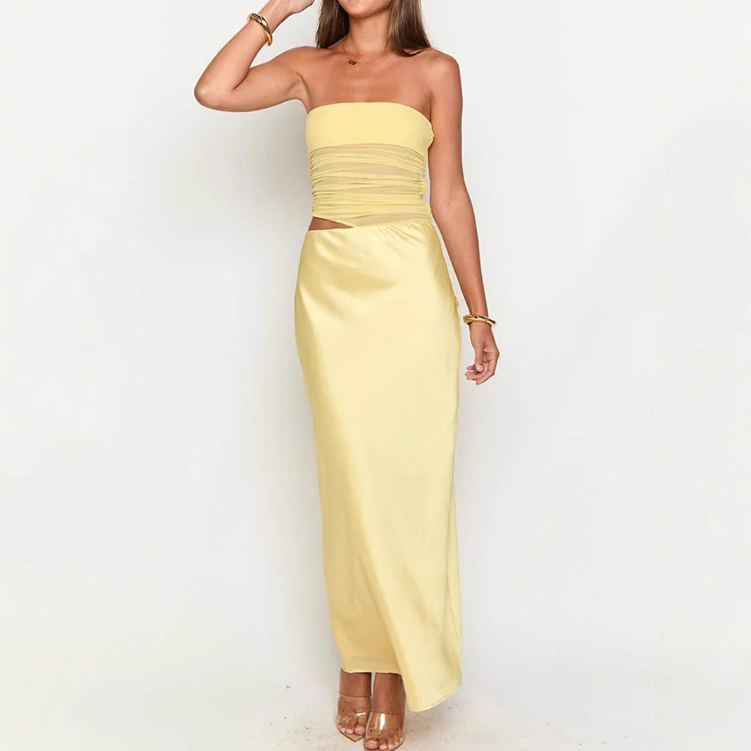 Sexy Tube Top Hollow Out Cutout Backless Yellow Dress French High Grade Satin Dress Sexy Summer Beautiful Dress