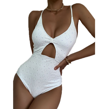 Swimsuit Solid Color One-Piece Hollow Out Cutout Mesh Embroidered Bikini Sexy Swimsuit