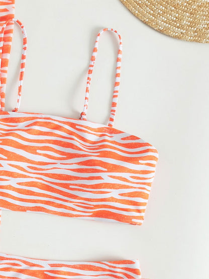 Traje de baño bikini sexy de tres piezas con falda de cárdigan a rayas y traje de baño dividido de tres piezas