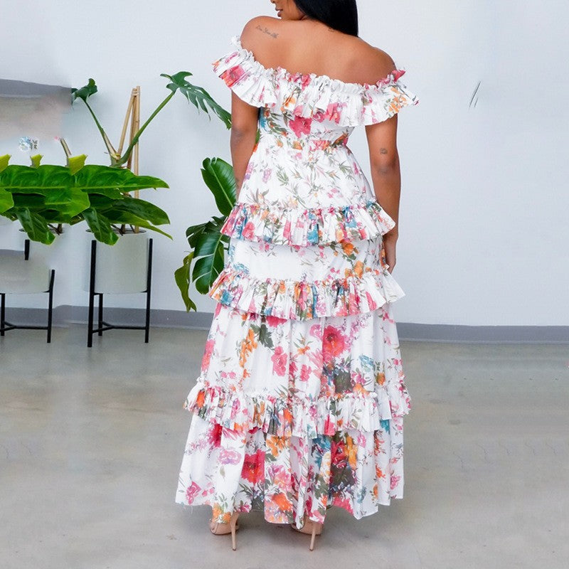 Women Summer round Neck Long Sleeve Printed Ruffled Maxi Dress Vacation Dress for Women SCC