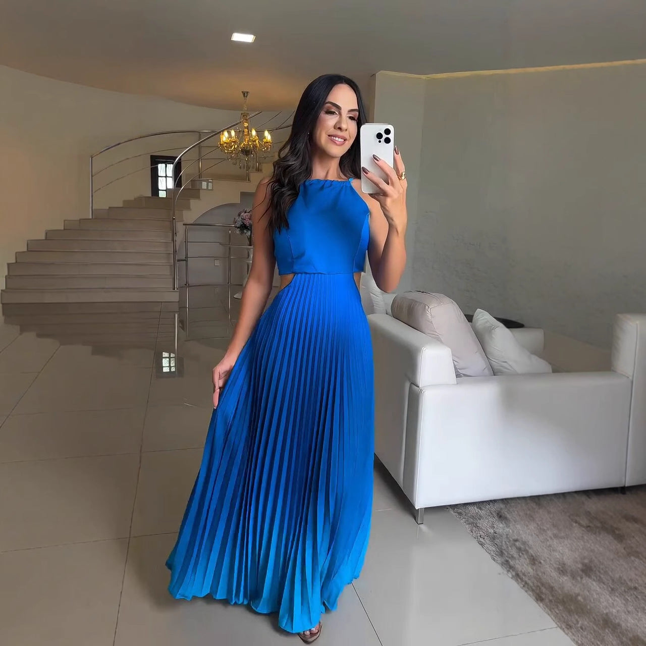 Women Clothing Elegant Halter Pleated Gradient Color Dress Maxi Dress Fifiant