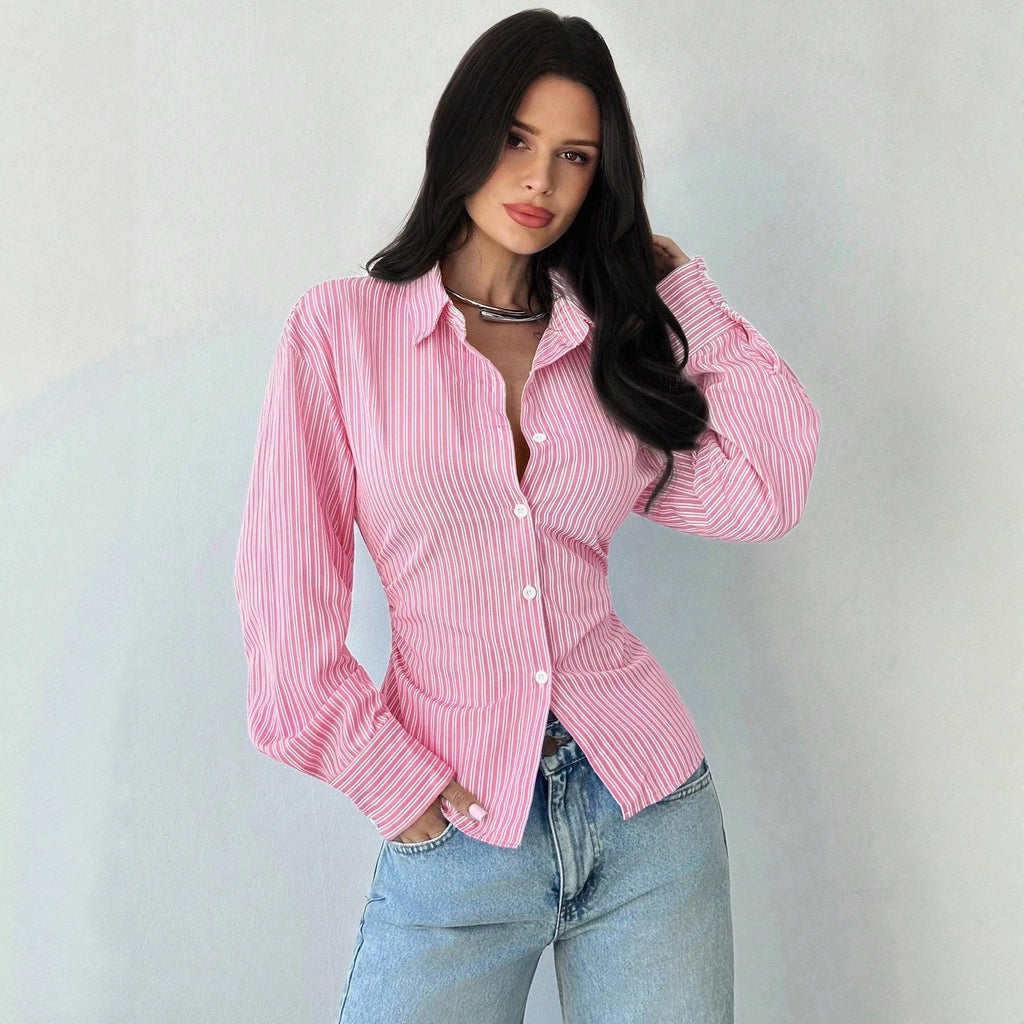 Striped Collared Single Breasted V neck Long Sleeve Slim Fit Waist Trimming Shirt AXE