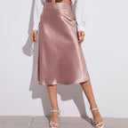 Jupe mi-longue en satin taille haute, automne-hiver, femme, fermeture éclair.