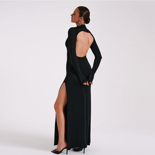 Spring Women Long Sleeve High Neck Sexy Backless Slit Maxi Dress Dress