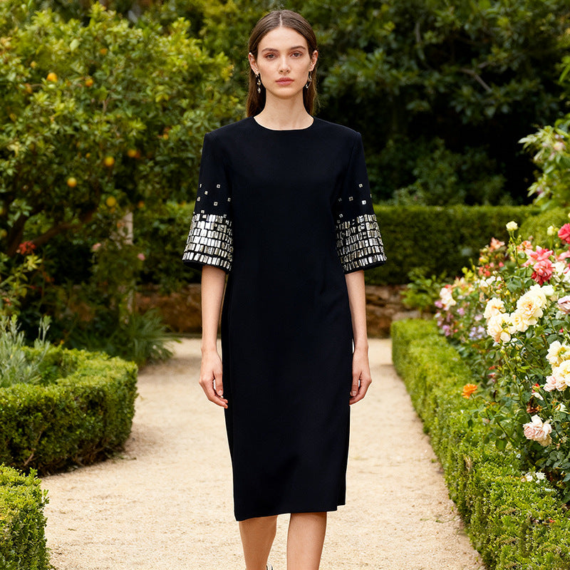 Crew Neck Sequined Short Sleeved Dress Spring High Grade Waist Slimming Beautiful Dress Women Sailfish