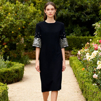 Crew Neck Sequined Short Sleeved Dress Spring High Grade Waist Slimming Beautiful Dress Women Sailfish