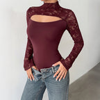 Lace Long Sleeve Jumpsuit Patchwork Cutout Half Turtleneck Sexy See through Jumpsuit Women Jeme