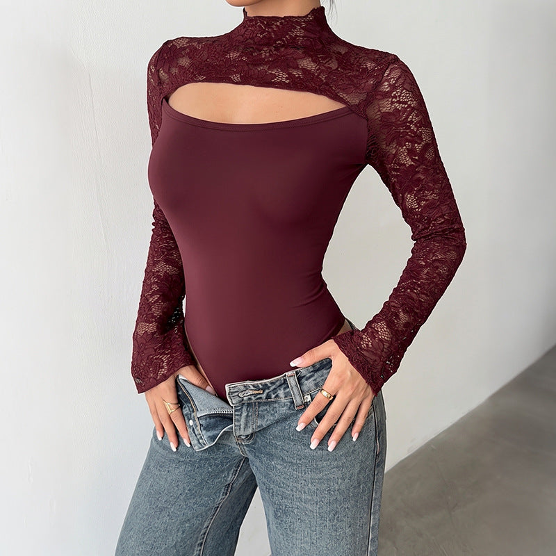Lace Long Sleeve Jumpsuit Patchwork Cutout Half Turtleneck Sexy See through Jumpsuit Women Jeme
