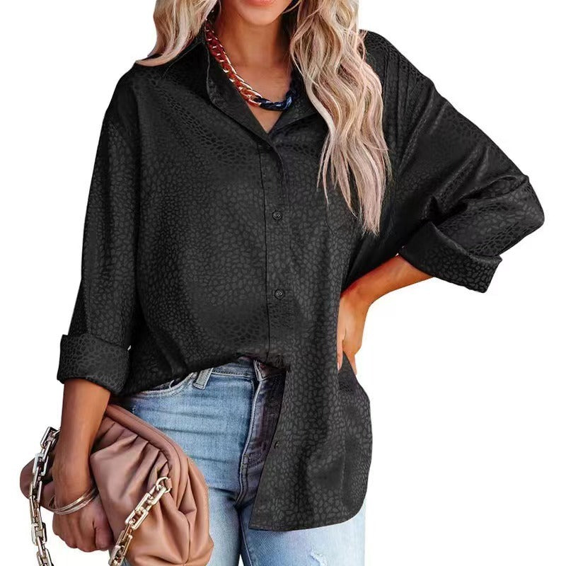 Camisa de mujer de otoño cómoda de satén con estampado de grava, manga larga, holgada, para mujer