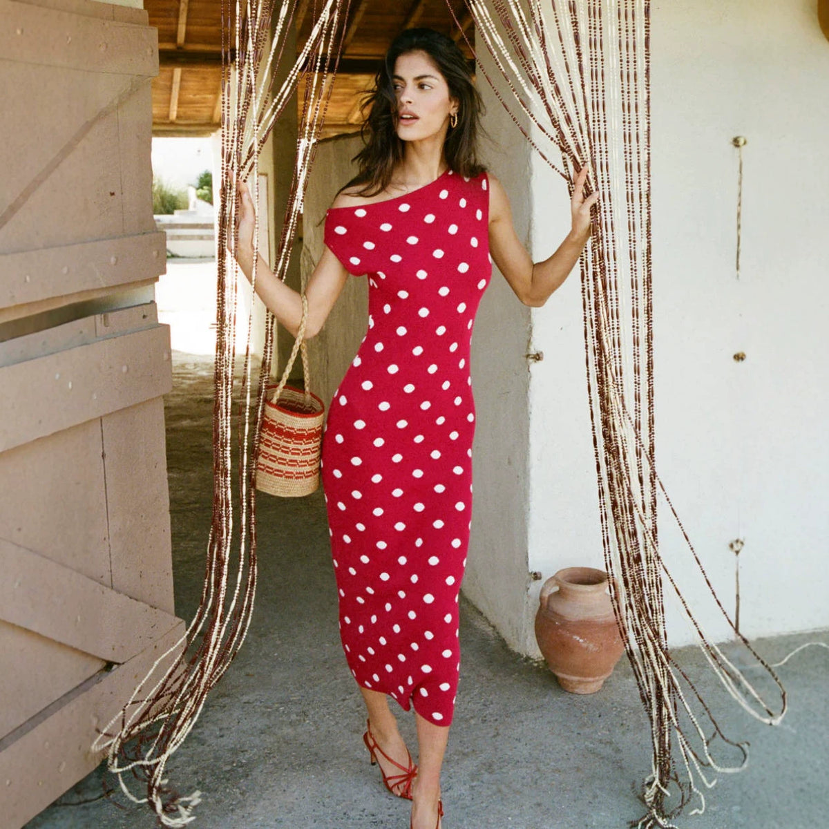 Polka Dot Dress Summer Knitted Sleeveless Irregular Asymmetric Diagonal Collar Vest Dress Long Skirt Women Havana