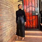 Women Clothing Autumn Winter Mid-Length Black Faux Leather Bag Buckle Slit Leather Skirt Containing Belt Oudiya