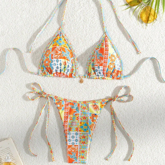 Bikini de copa triangular con estampado de encaje sexy traje de baño para mujer
