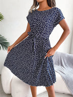 Spring Summer New Casual Short Sleeve Floral Large Hem Pleated Women Clothing BAGIISA
