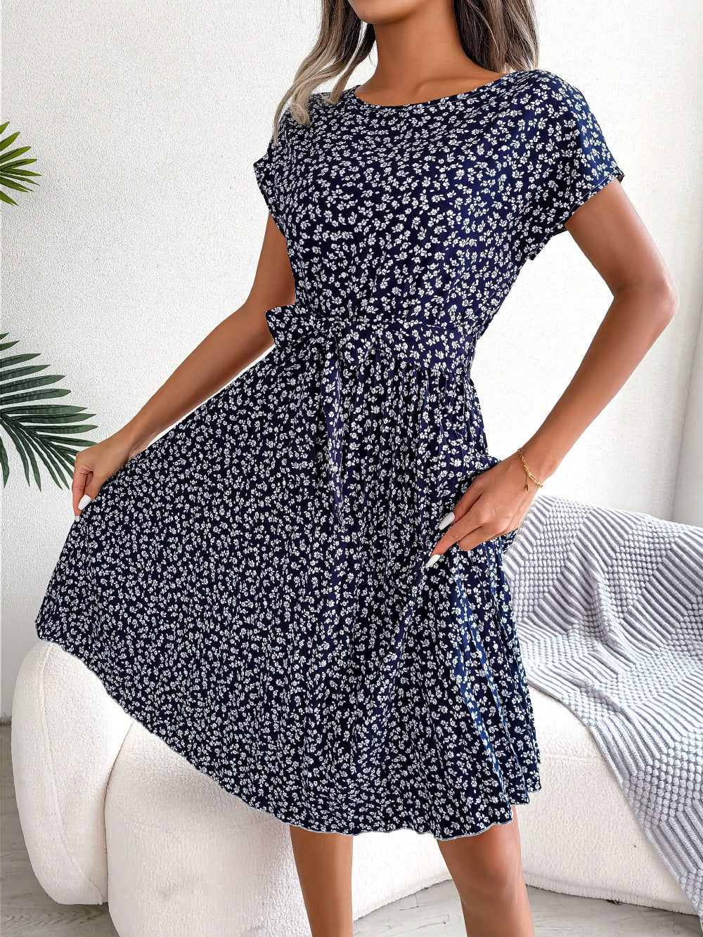 Spring Summer New Casual Short Sleeve Floral Large Hem Pleated Women Clothing BAGIISA