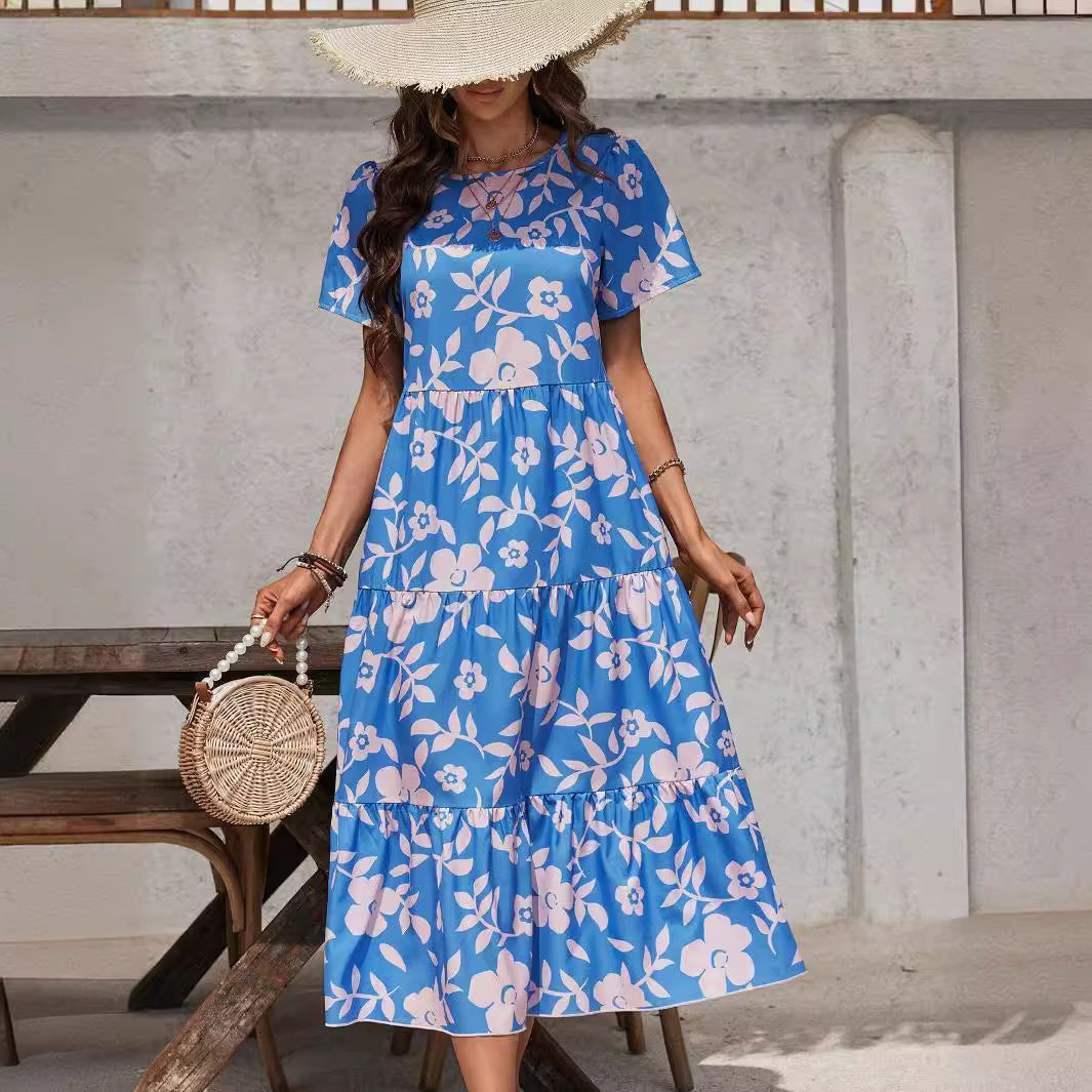 Elegant Ladies Large Floral Multi Layer Ruffled Patchwork Length Dress Vivish