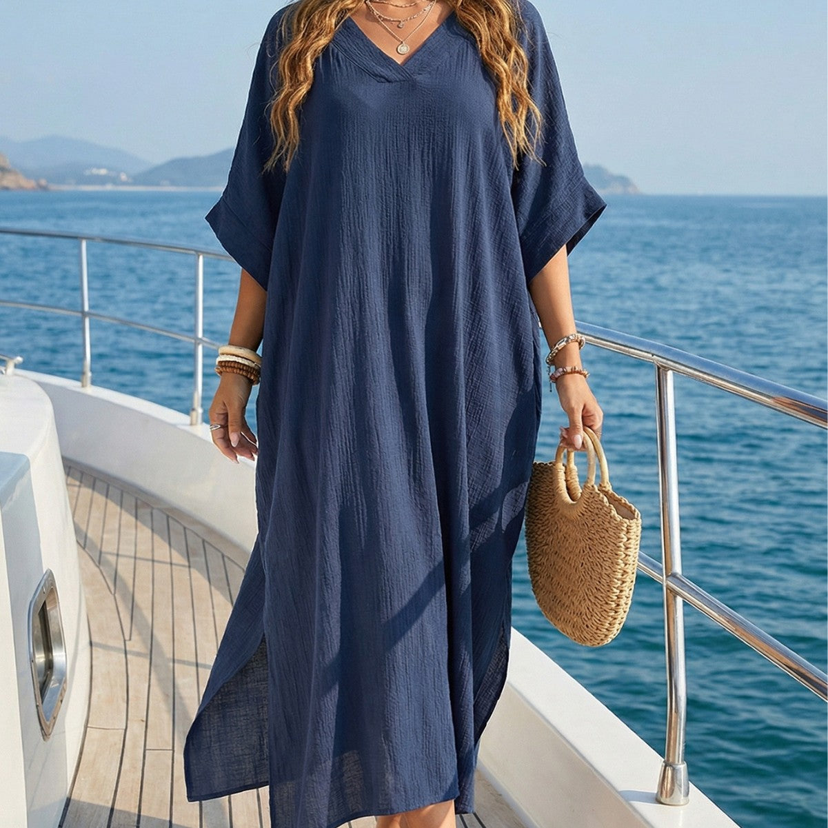 Robe de plage femme paréo d'été col en V ample décontracté fendue longue