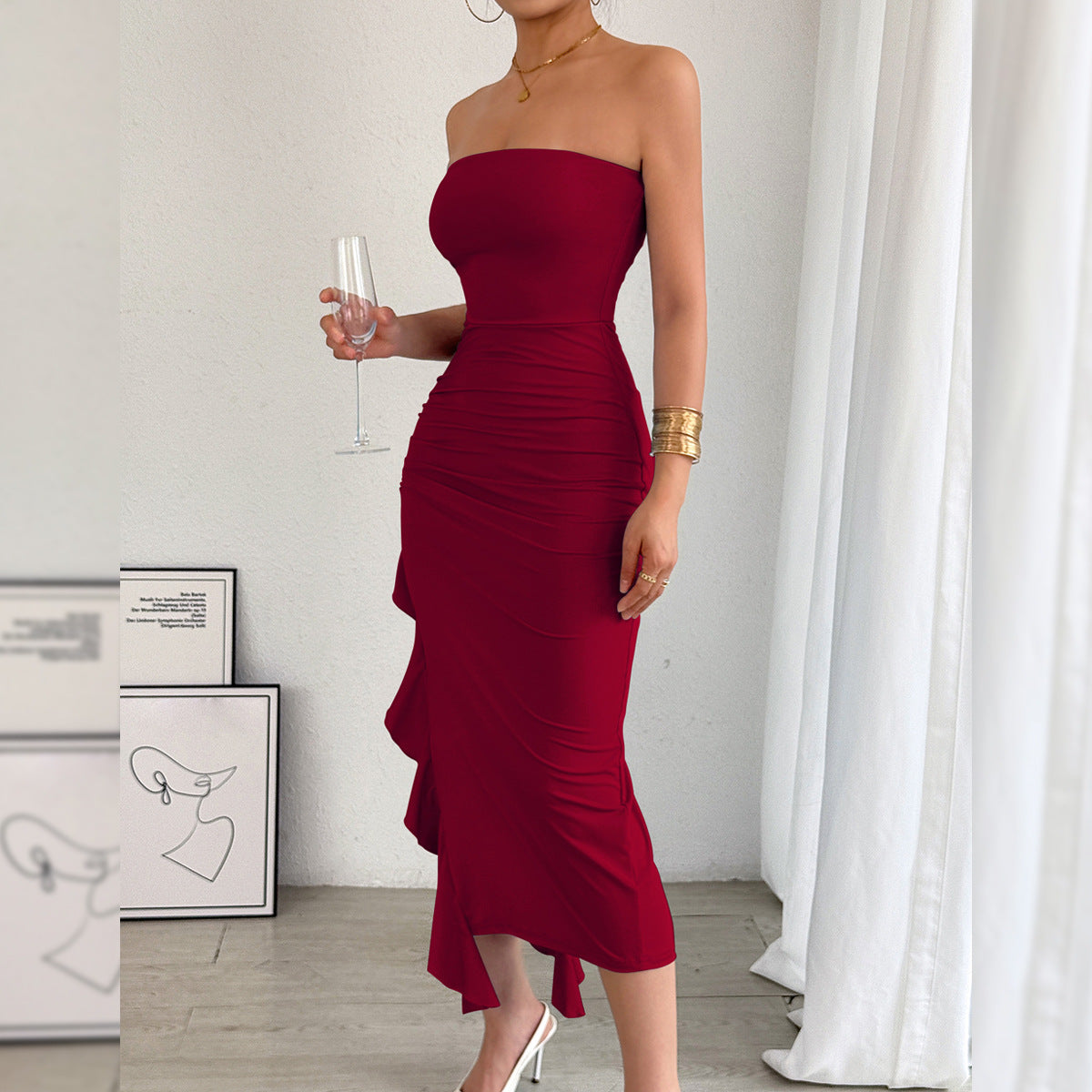 Autumn Winter Women Clothing Slim Fit Slit Wrapped Chest Bag Hip Sexy Dress Iyasen