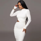 Robe fourreau élégante et moulante à manches longues et col ras du cou pour femme, vêtement d'automne sexy et plissé