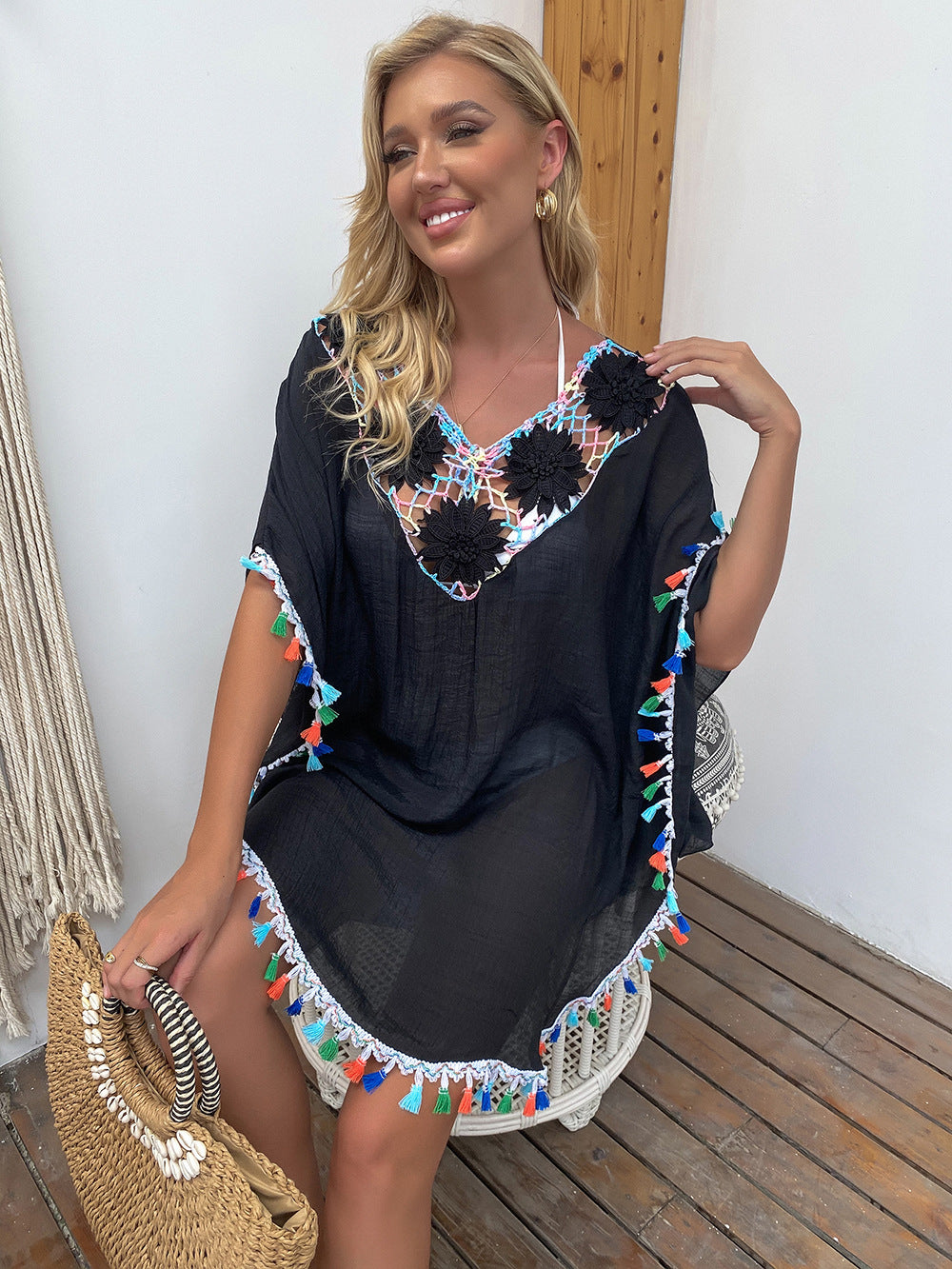 Solid Color V neck Hand Crocheting Stitching Overclothes Sexy Cutout Loose Beach Cover up Dress