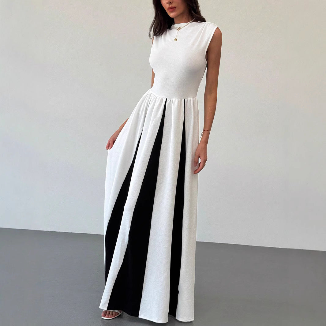 Elegant round Neck Sleeveless Waist Color Contrast Patchwork Dress Evening Dress Women Dress Venly