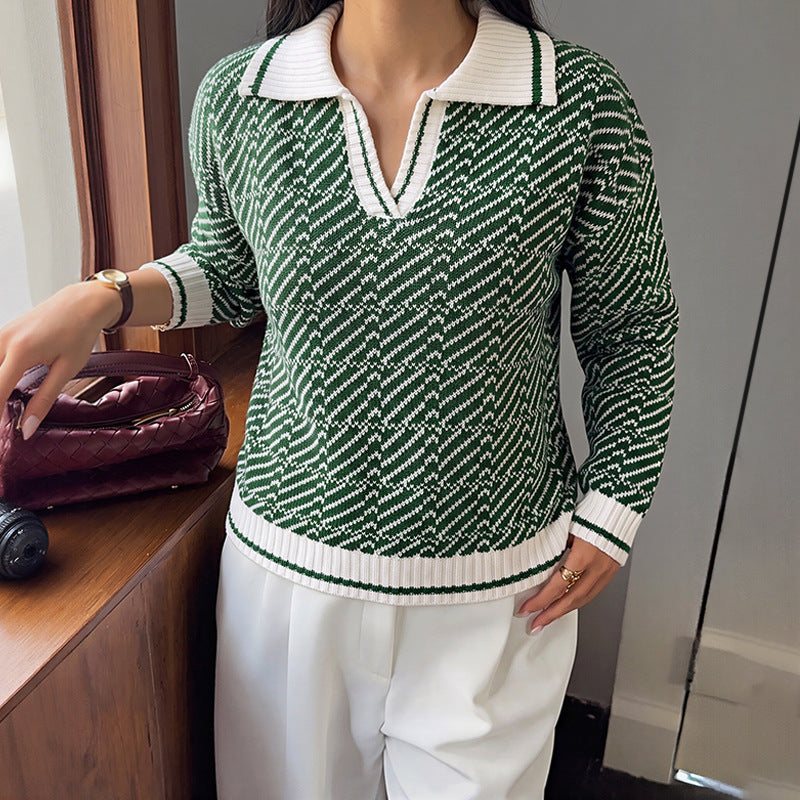 Gentle Fresh Contrast Color Polo Collar Half Cardigan Loose Sweater HUNDRED