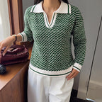 Gentle Fresh Contrast Color Polo Collar Half Cardigan Loose Sweater HUNDRED
