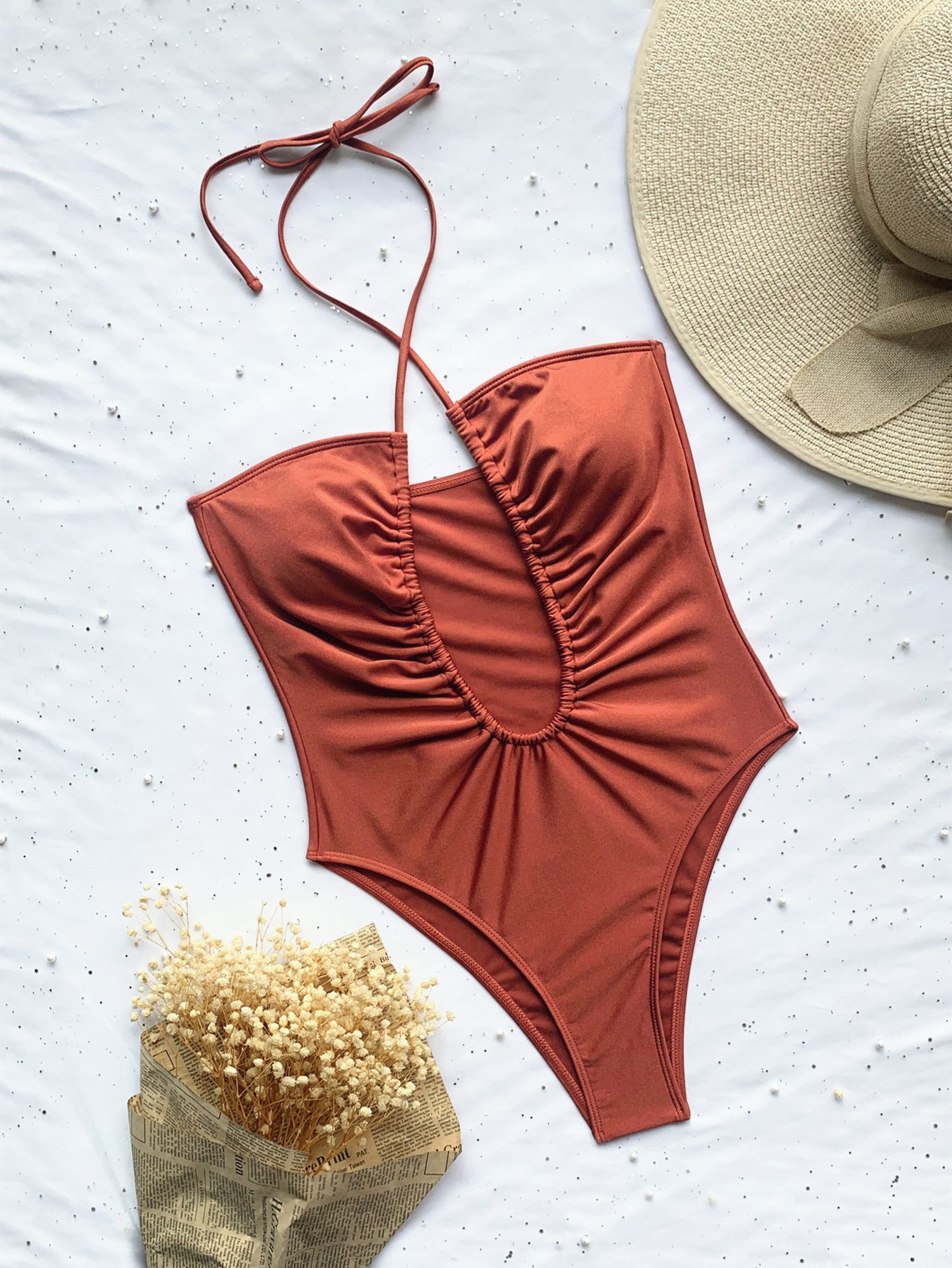 Traje de baño de una pieza, bikini de color sólido, traje de baño sexy para mujer, bikini con tirantes