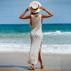 Sexy Backless Dress Solid Color Knitted Vest Maxi Dress Beach Sun Protection Swimsuit Outwear Blouse Crochet hook EvenStar