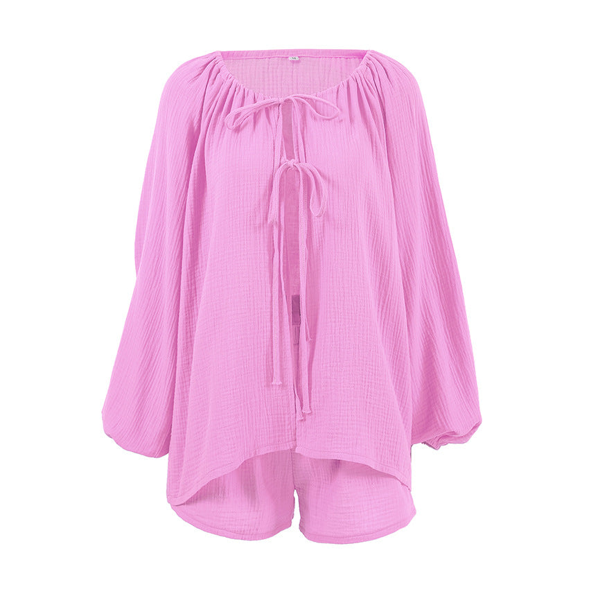 Pijama de algodón holgado e informal de otoño para mujer, cárdigan de manga larga y pantalones cortos, ropa de casa cómoda que se puede usar al aire libre.
