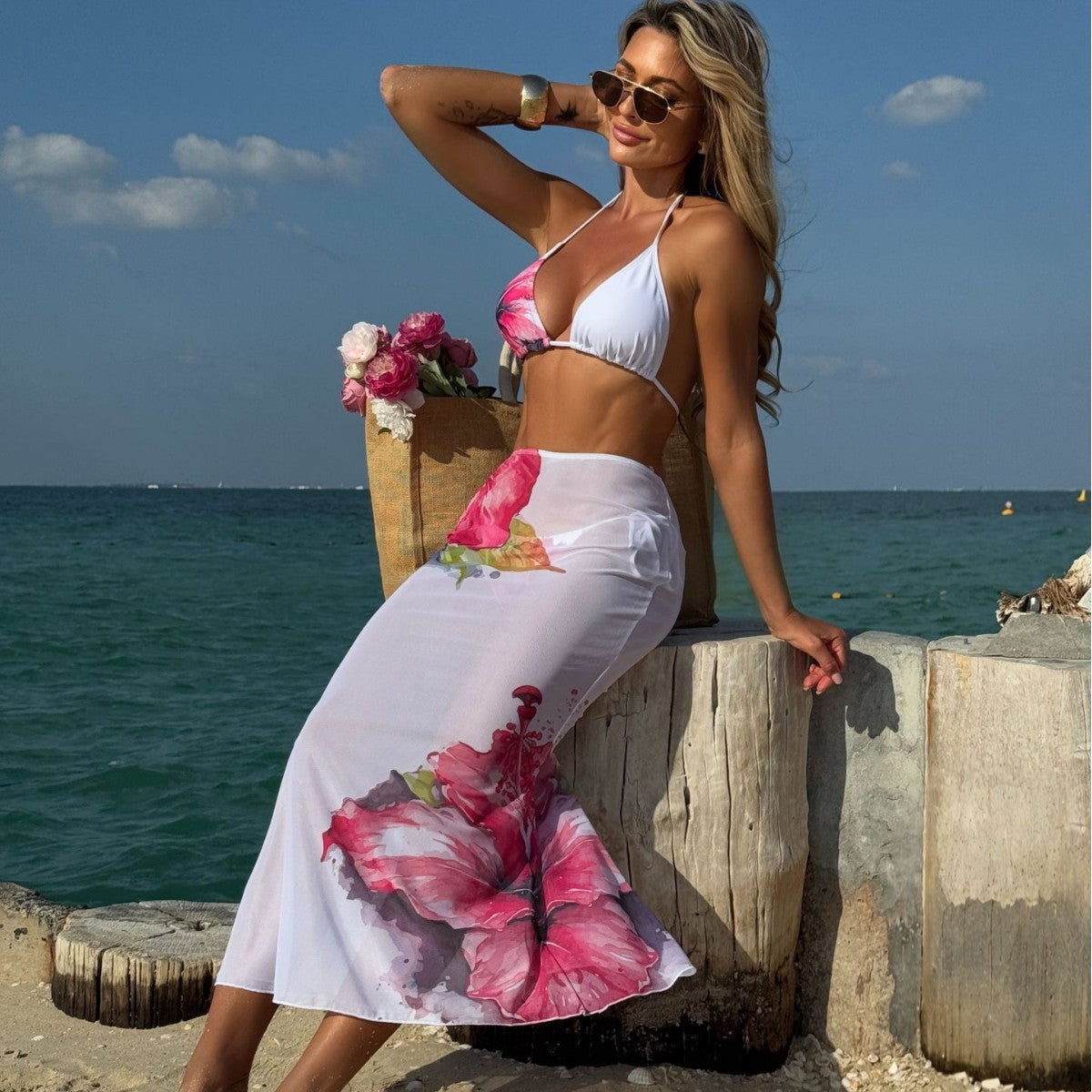Ensemble trois pièces floral imprimé grande taille Robe longue en maille Bikini sexy