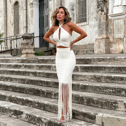Bikini de cintura alta de color liso con abertura para mujer, conjunto de tres piezas con falda con borlas
