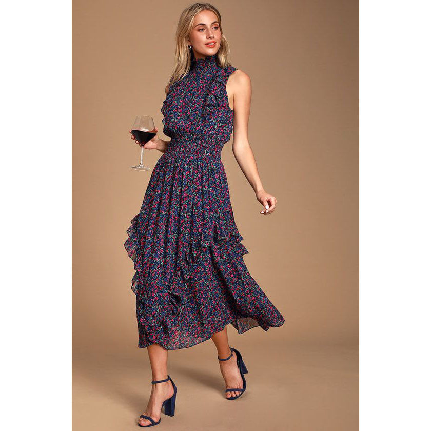Women Elegance Sleeveless Printed Pleated Dress Maxi Dress DreamFashion