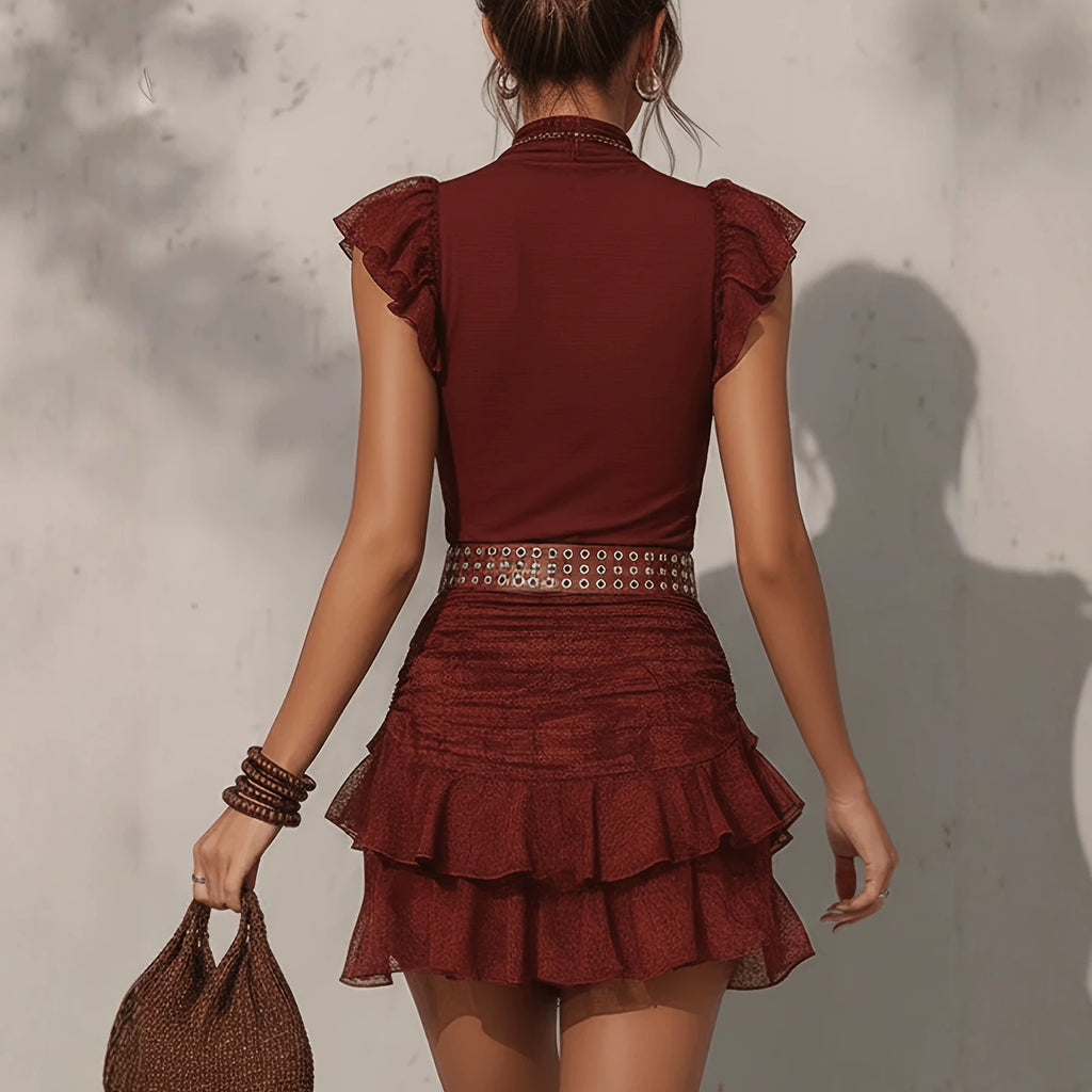 Ruffles Two Piece Turtleneck Top with Pleated Lace Skirt (Excluding Belt) Venly