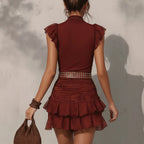 Ruffles Two Piece Turtleneck Top with Pleated Lace Skirt (Excluding Belt) Venly