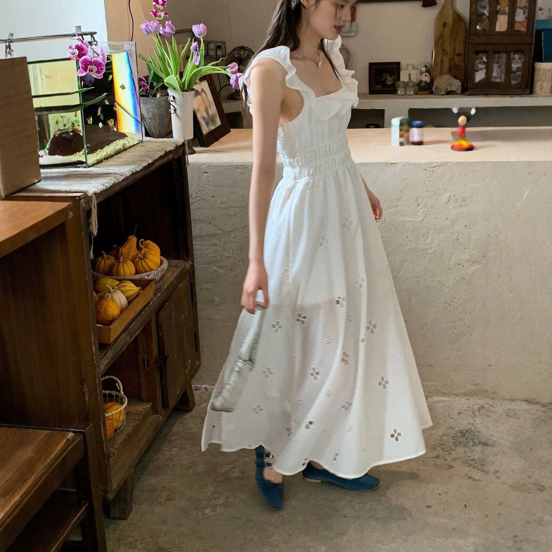 Korean Light Luxury Slim Fit Sweet Design White Dress Waist Slimming Elegant Ruffled Cami Dress EverBillion