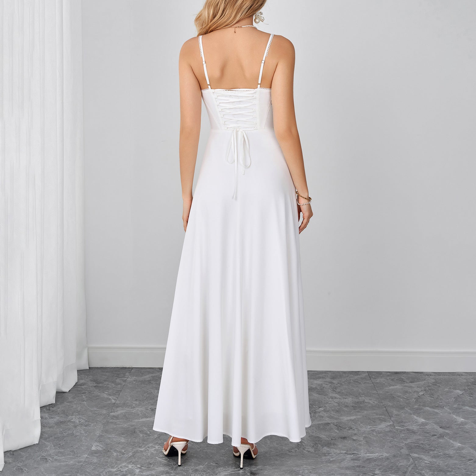 Summer Cami Dress Sexy Backless Lace up Waist Slimming Boning Corset Maxi Dress SUNSHINE