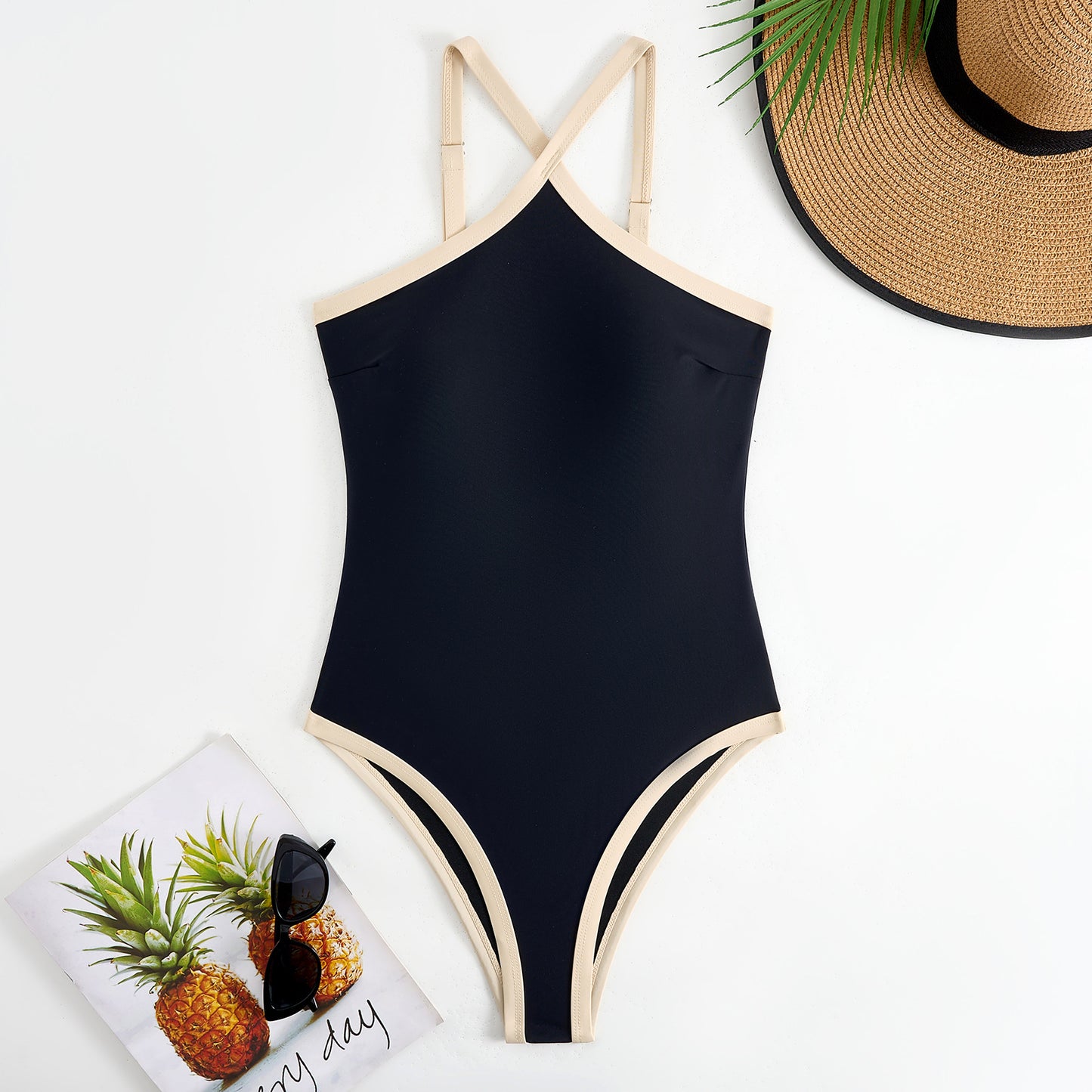 Traje de baño triangular siamés sexy de corte entallado para mujer, traje de baño con cuello halter de color sólido