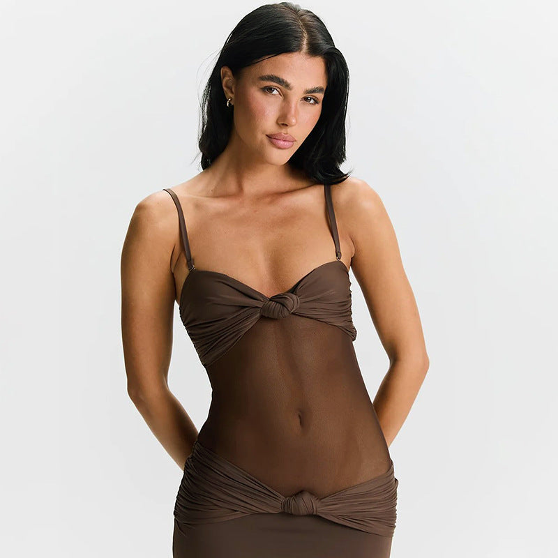 Women Clothing Detachable Shoulder Strap Twist Mesh Slim Fit Dress COORAL