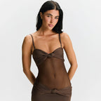 Women Clothing Detachable Shoulder Strap Twist Mesh Slim Fit Dress COORAL